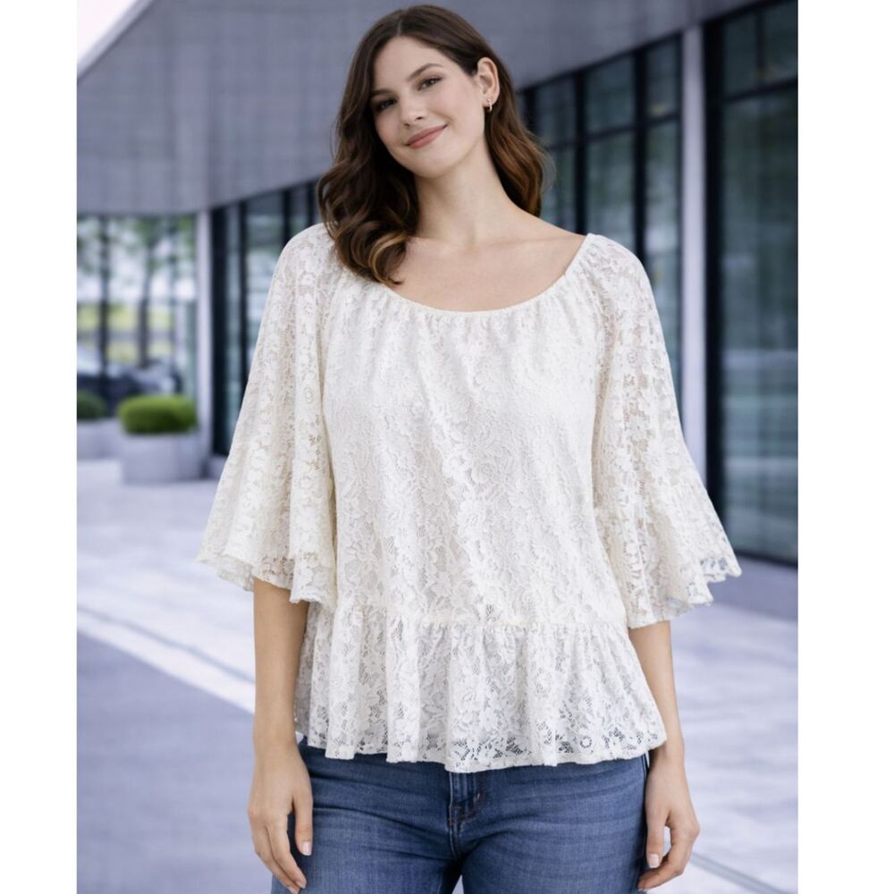 DO+BE Lace Puff Sleeve Off Shoulder Blouse Ivory S